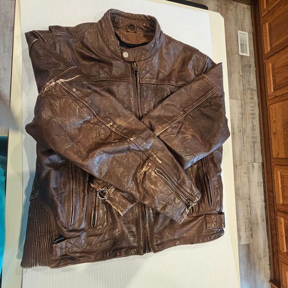 Distressed Leather Motorcycle Jacket Zippered Vents 20 In. Shoulder to Shoulder - Picture 3 of 15